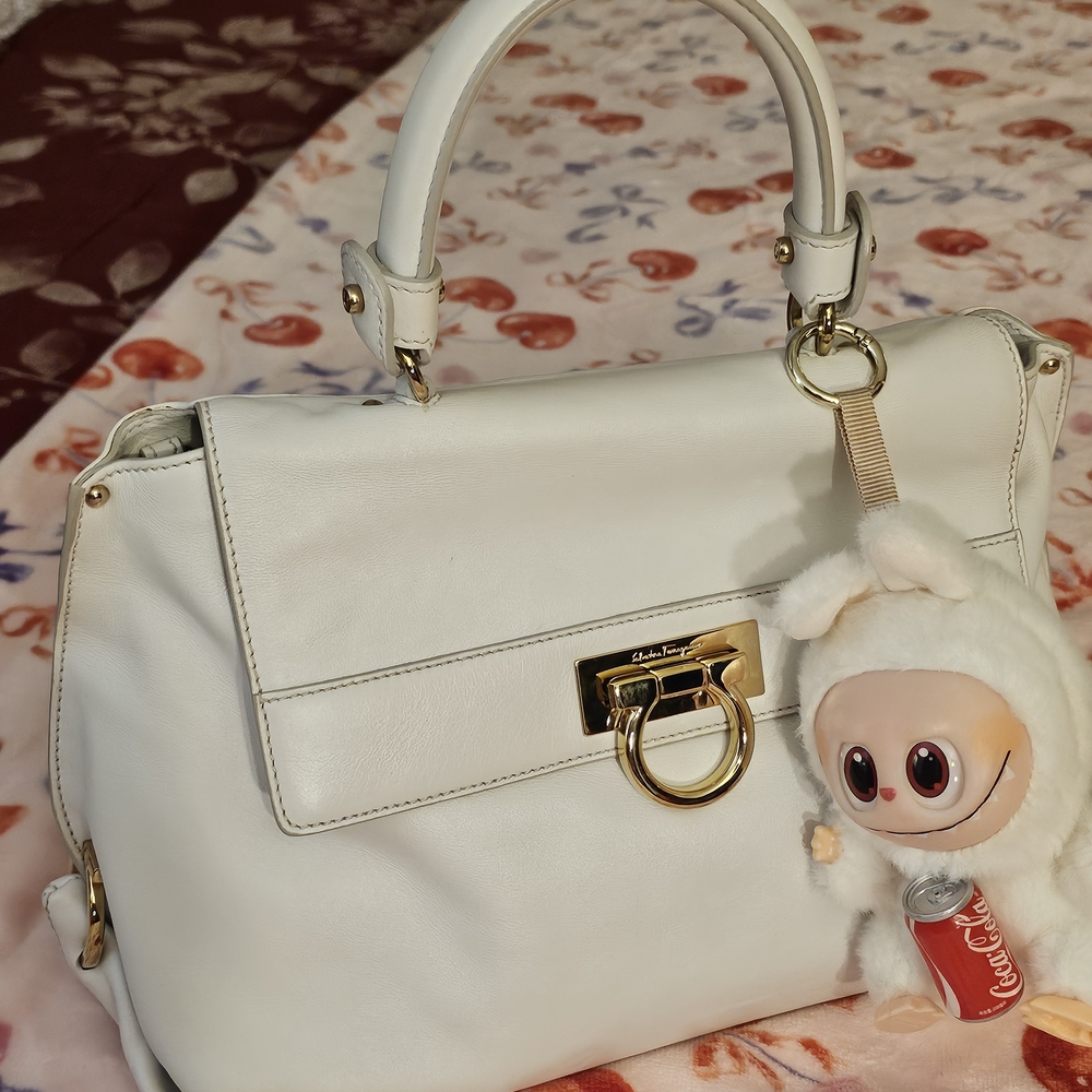 Salvatore Ferragamo White Leather Top-Handle Satchel with Gold Hardware